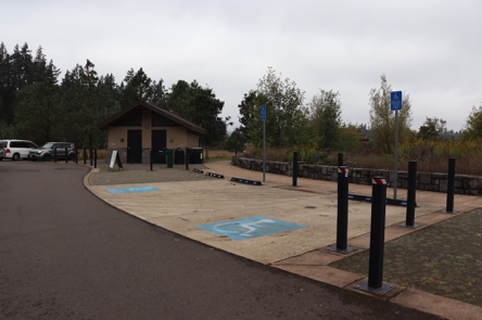 Two accessible parking spaces next to restroom.